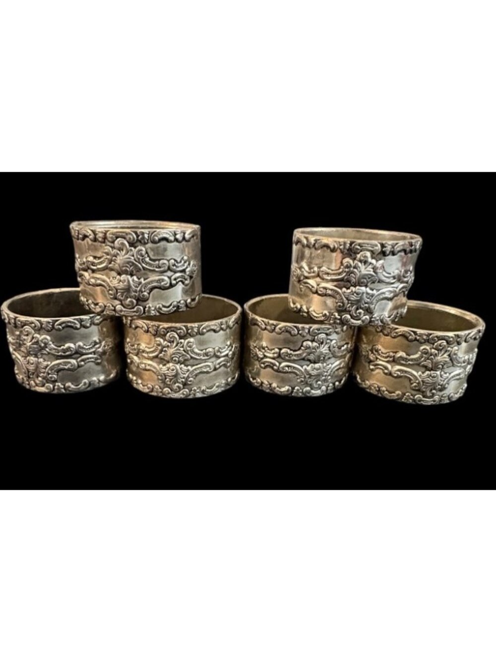 Vintage Rococo Silver Plated Baroque Repousse Style Napkin Rings Set Of 6